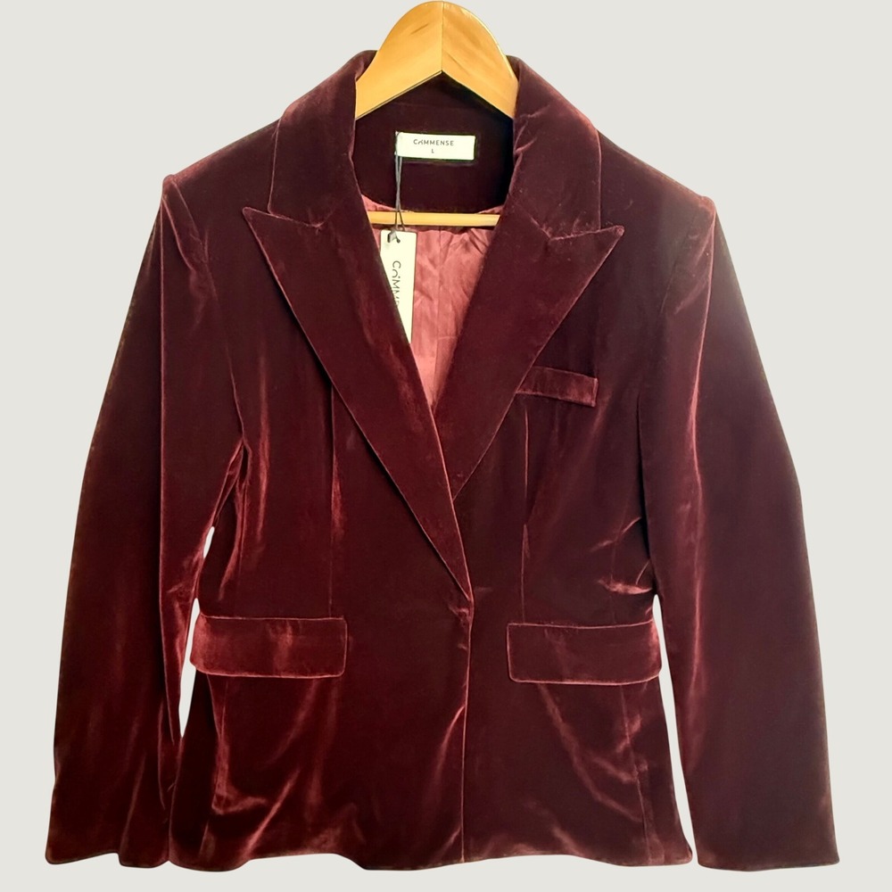 COMMENSE NWT Womens L Burgundy Velvet Blazer Fitted Holiday Party Jacket